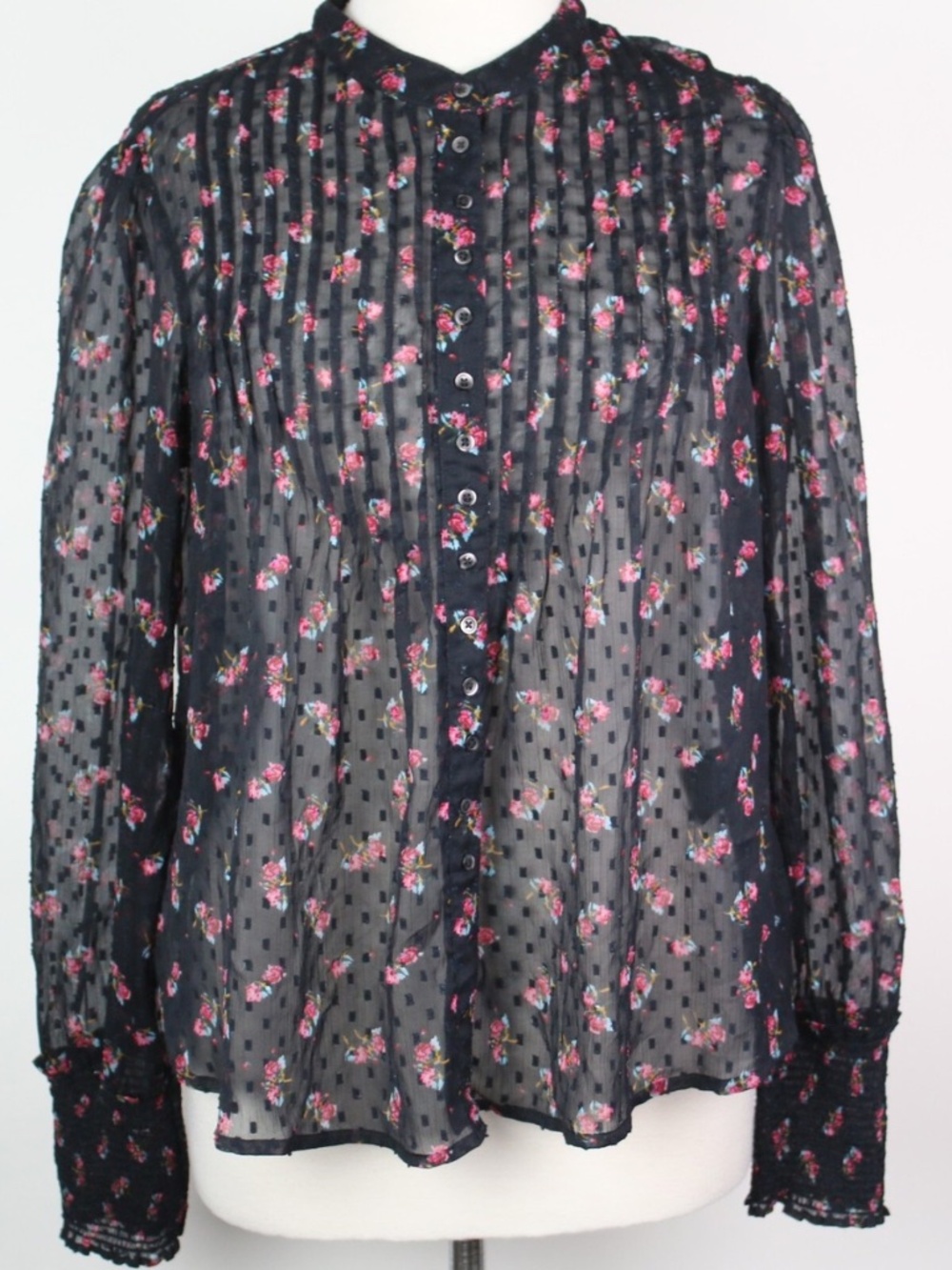 NWT! Free People Flowers in December Black Swiss Dot Button Down Blouse Size M
